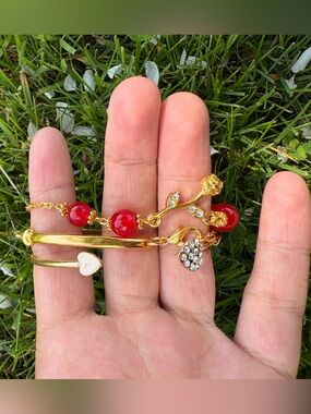 Romantic Red Bead Gold Rose Bracelet Heart Rhinestone Charm Jewelry